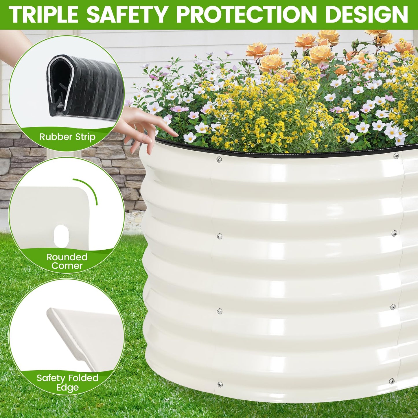 G GOOD GAIN Raised Garden Beds - 6x2x1.4ft Galvanized Planter Boxes Kit with Protective Tape & Gloves & Tools | Oval Metal Outdoor Raised Bed for Gardening Vegetables, Fruits, Flowers, Herbs, White