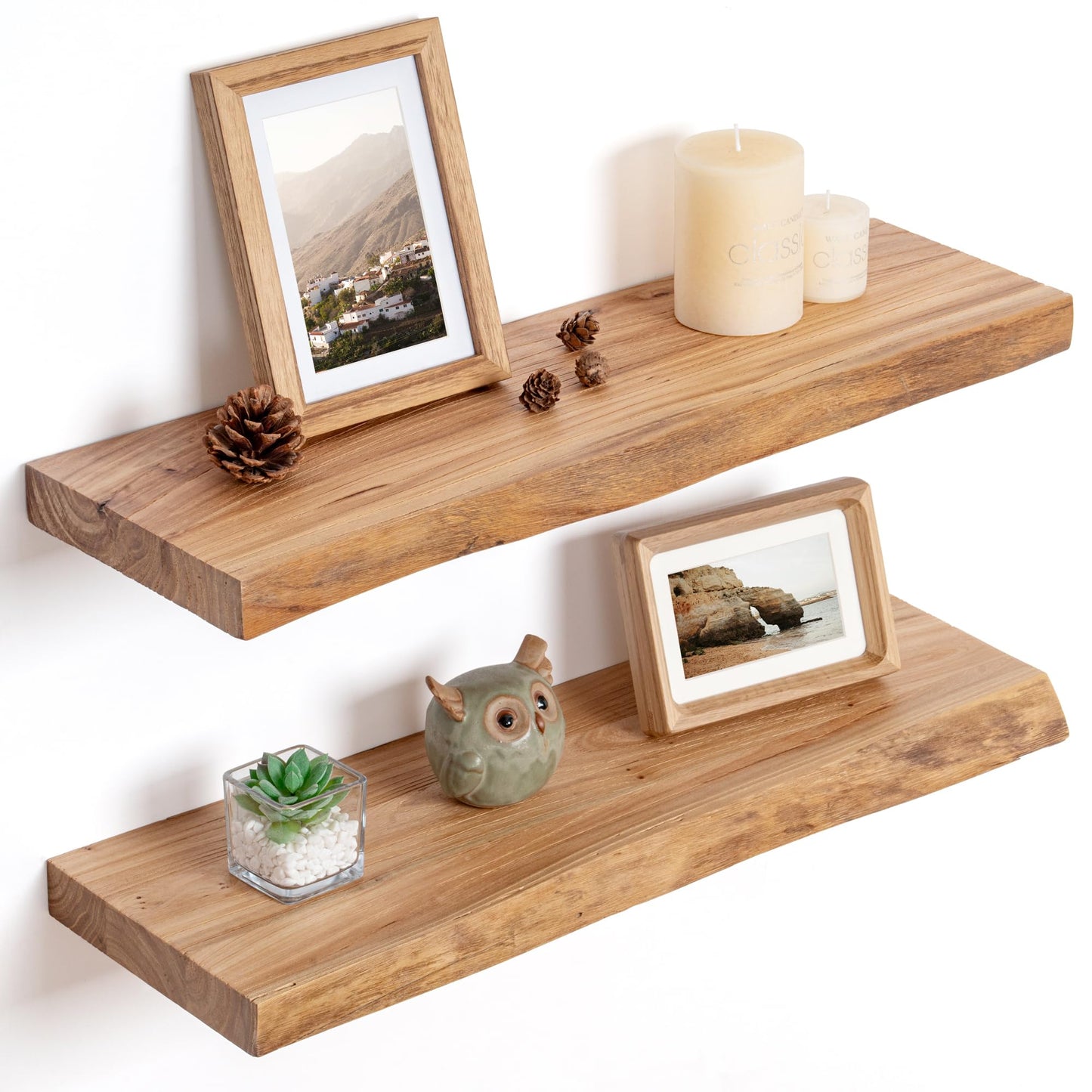 Floating Shelves for Wall Decor, Rustic Solid Elm Wood Live Edge Floating Shelves Wall Mounted, Wall Shelves with Invisible Bracket for Living Room Bathroom Bedroom Kitchen, 24 Inch Set of 2, Natural