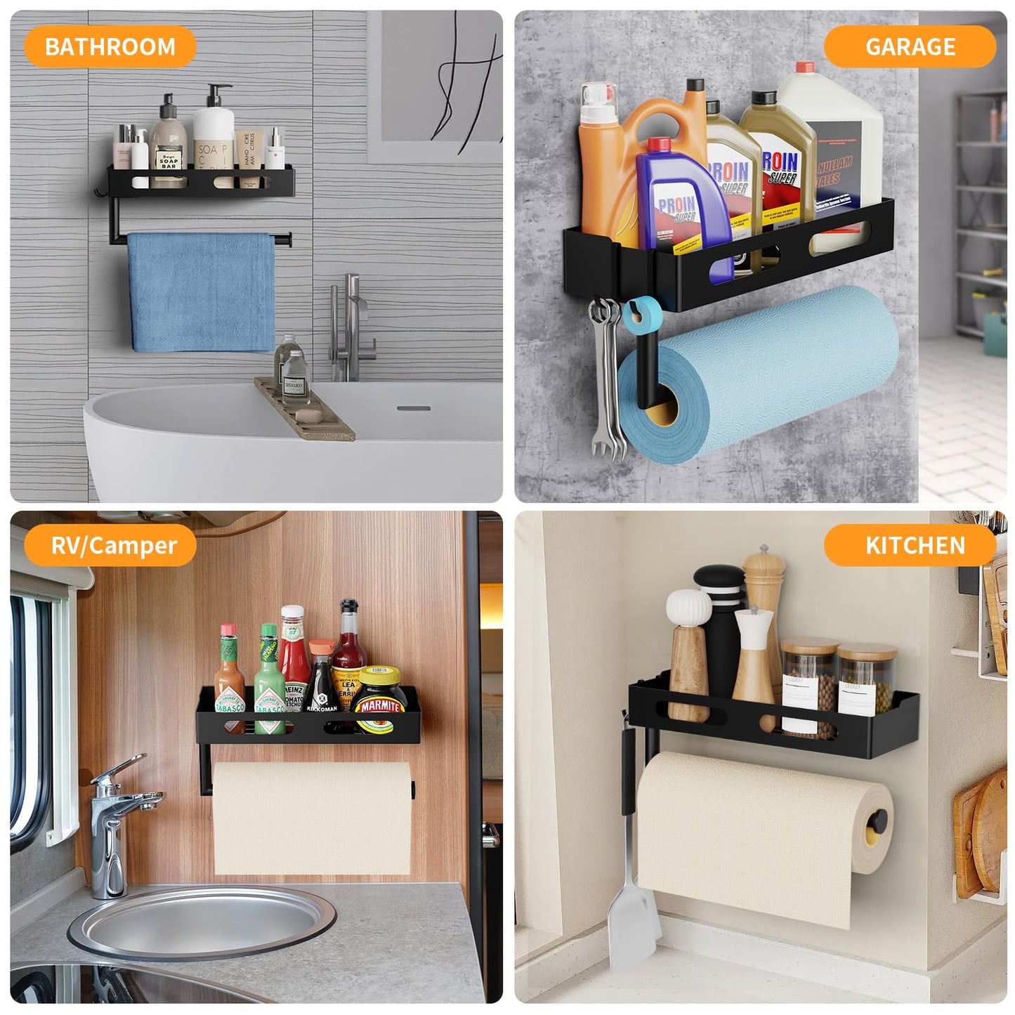 Paper Towel Holder Wall Mount for Kitchen, Paper Towel Holder with Shelf for Bathroom, RV Paper Towel Rack, Spice Rack with 2 Hooks,Matte Black