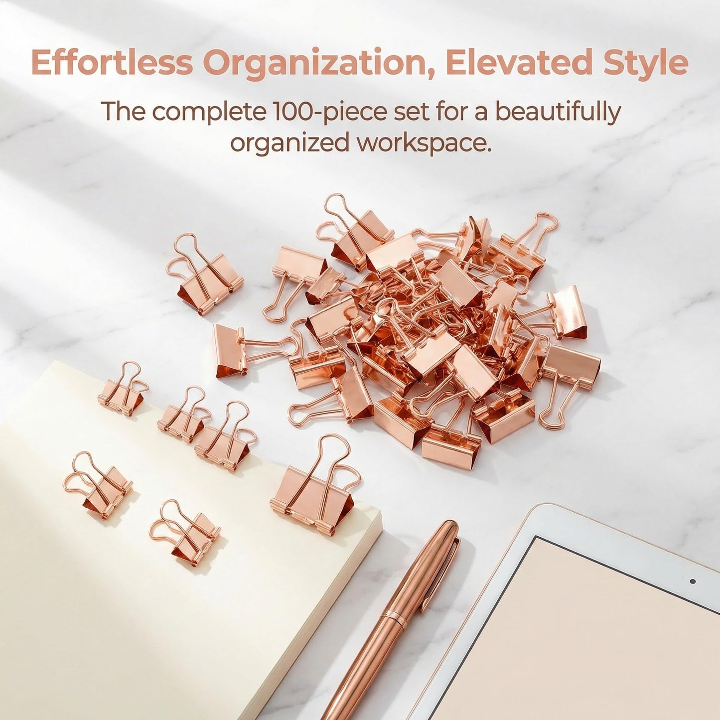 ZYFOFFICE Gold Binder Clips, Assorted Sizes, Solid Metal with Stainless Steel Handle, 100 Pack for Office School Supplies (Rose Gold)
