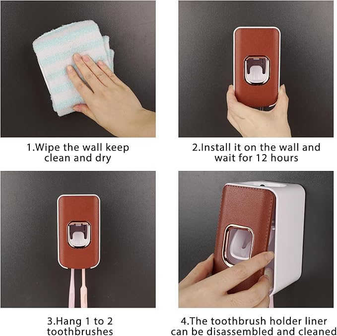 2 Slot Plastic Toothbrush Holder and Toothpaste Dispenser Wall Mounted, Automatic Toothpaste Squeezer, 2 in 1 Tooth Brush Toothpaste Organizer for Shower (Brown)