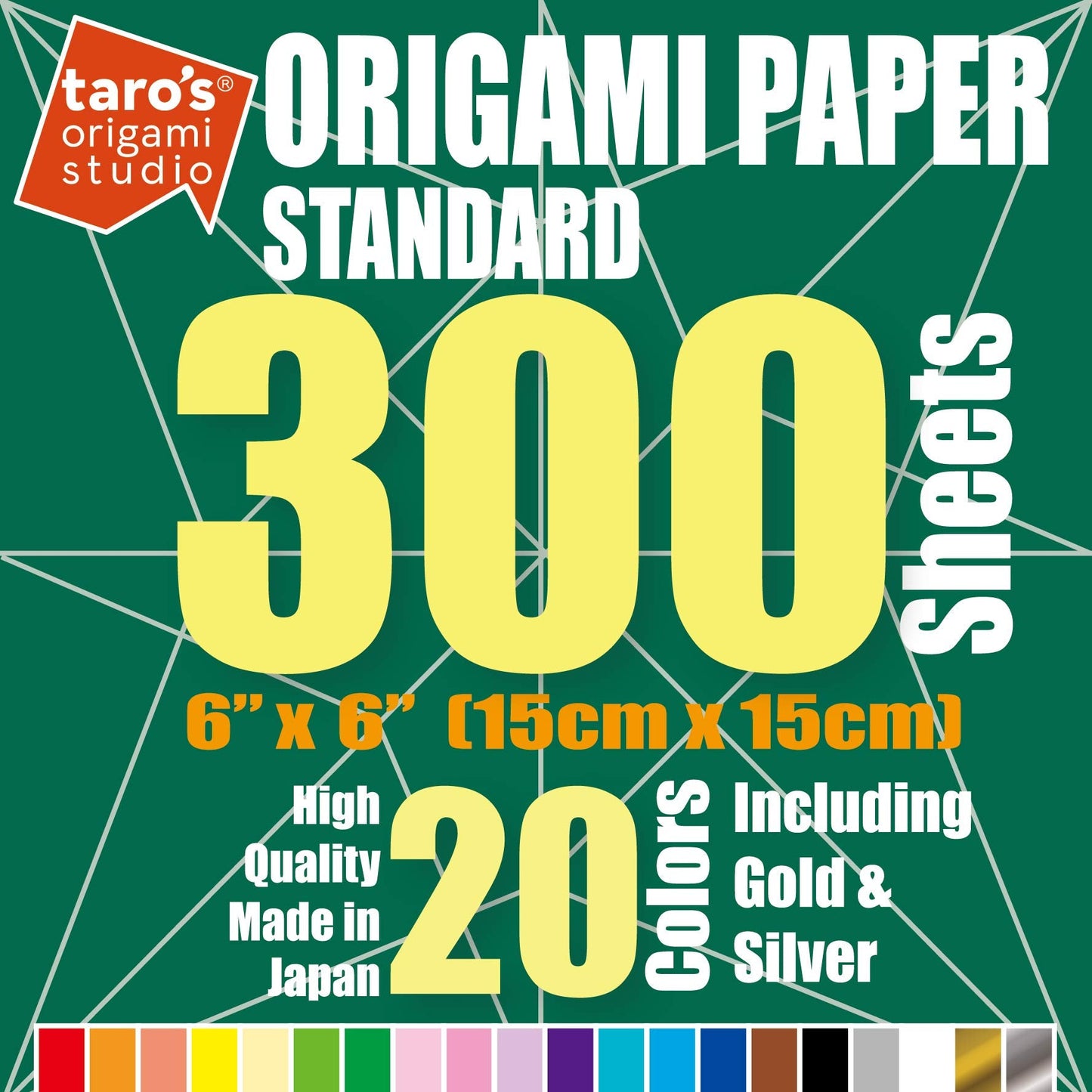 [Taro's Origami Studio] Standard 6 Inch One Sided 20 Colors 300 Sheets Square Easy Fold Premium Japanese Paper for Beginner (Gold and Silver Included) Made in Japan