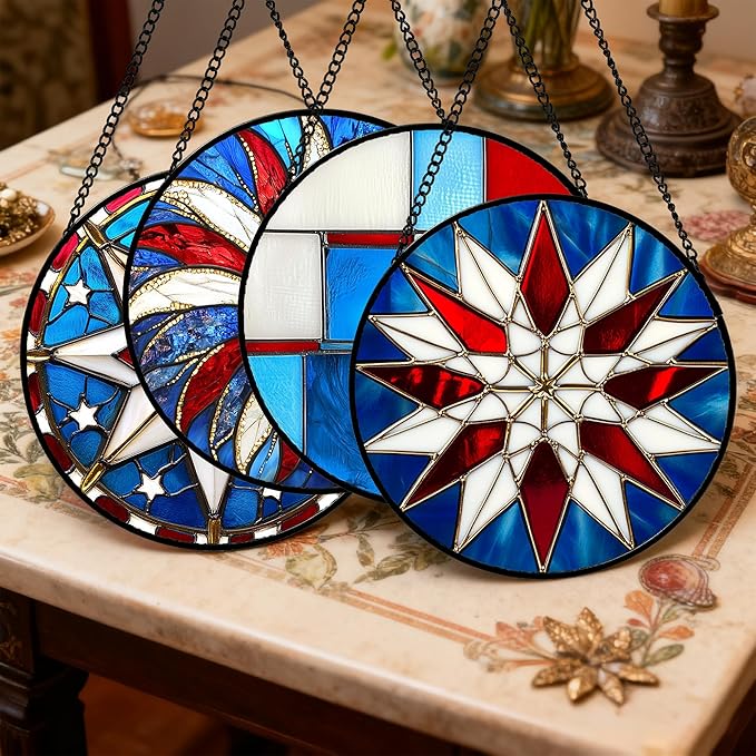 Stained Glass Window Hanging 4 Pcs Set Abstract Flowers in Red White Blue Large 15" - Suncatcher Door Garden Sun Catcher Decor Birthday Mother's Day Xmas Gift for Mom Woman Nana Men Parents