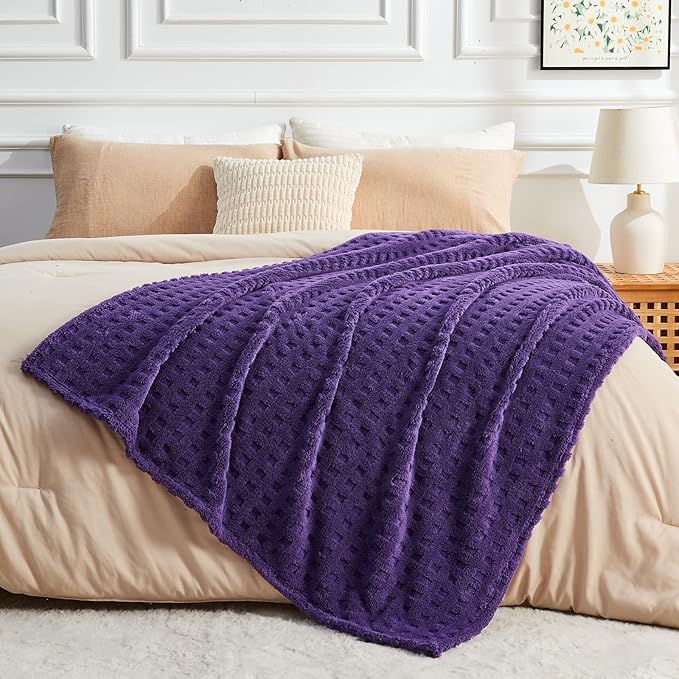 NEWCOSPLAY Super Soft Throw Blanket Purple Premium Silky Flannel Fleece 3D Waffle Checkered Lightweight Bed Blanket All Season Use (Dark Purple, Throw(50"x70"))