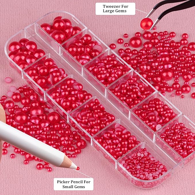 Belleboost Flat Back Pearls Kits 2 Boxes of Flatback Red Half Round Pearls with Pickup Pencil and Tweezer for Home DIY and Professional Nail Art, Face Makeup and Craft