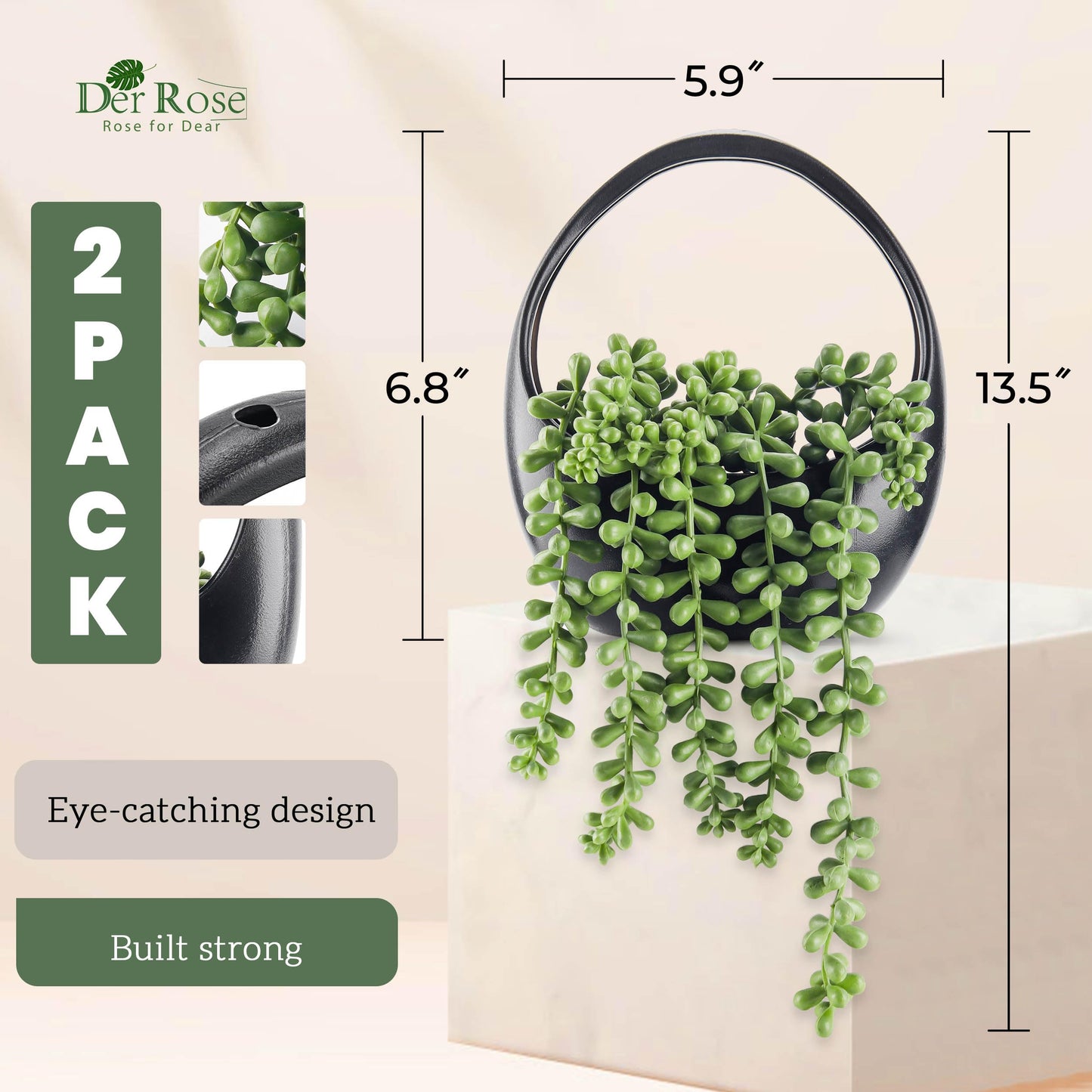 Der Rose 2 Pack Small Fake Hanging Plants with Strings Artificial Succulent Plants Indoor for Black Bathroom Boho Wall Decor