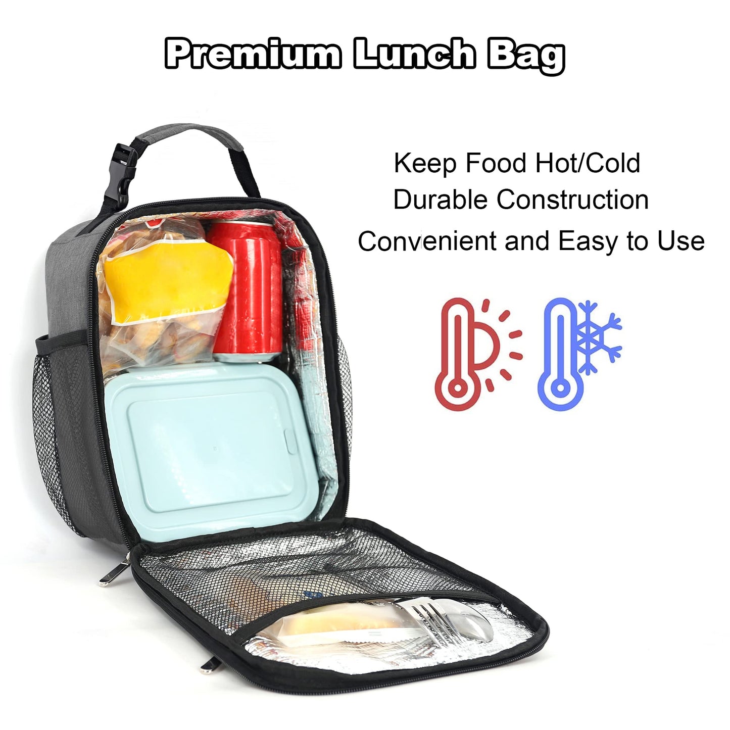 Femuar Lunch Box for Men Women Adults Small Lunch Bag for Office Work Picnic - Reusable Portable Lunchbox, Charcoal Grey