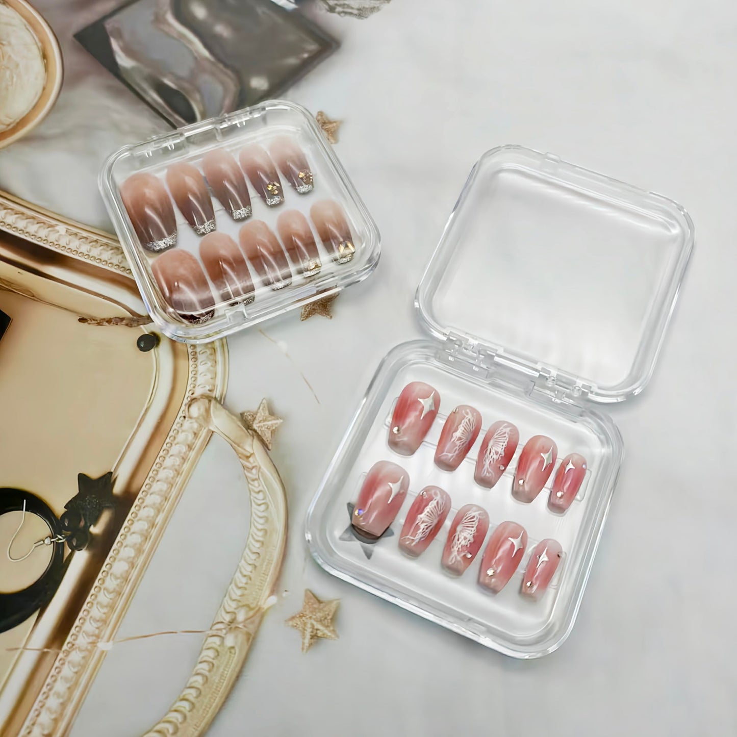 14 Pcs Press On Nail Packaging Box Press on Nail Storage Box for Press Ons with 60 Pcs Adhesive Double Sided Tape for Fake Nail Storage Case Nail Display Nail Salon Supplies Nail Art Business (Clear)