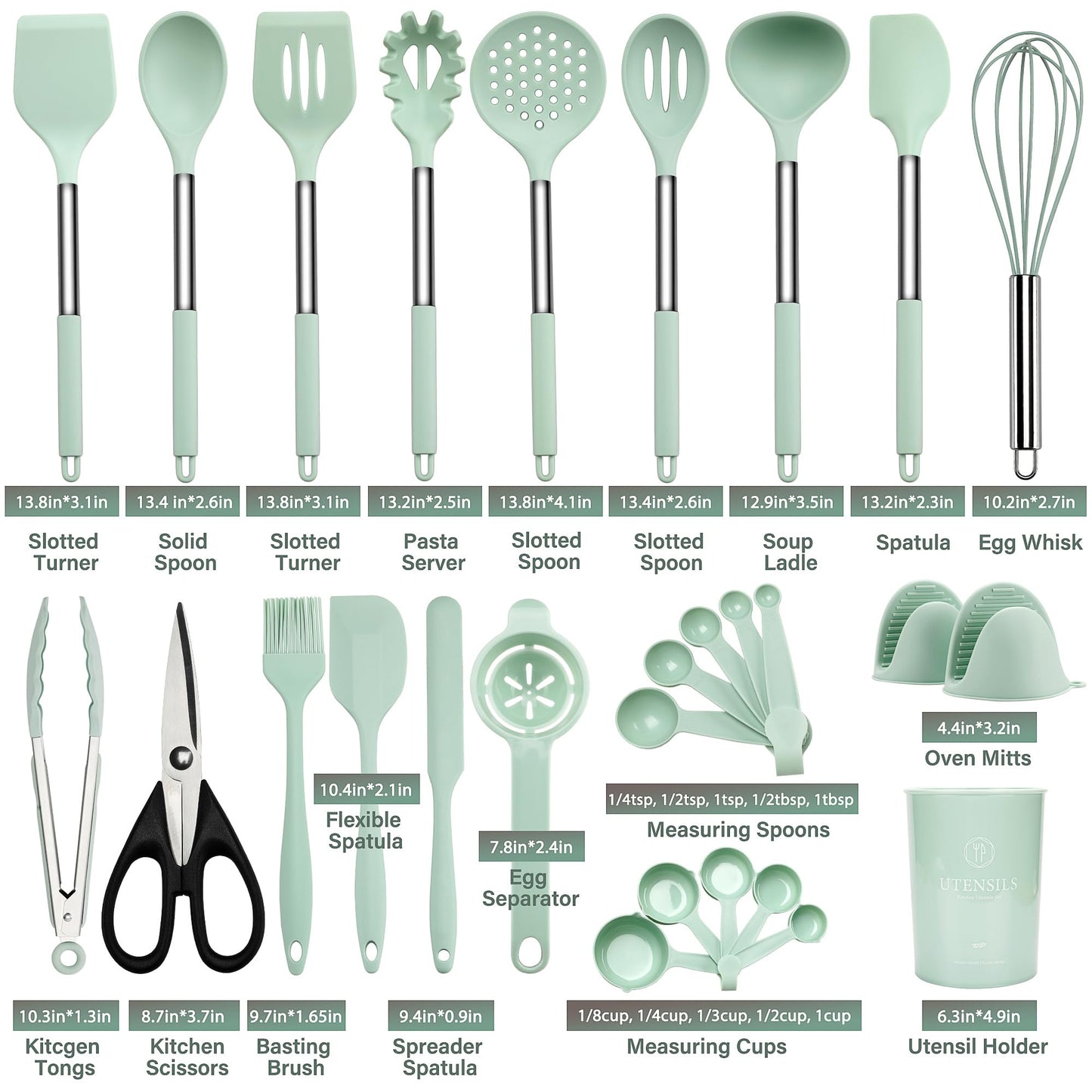 QMVESS Silicone Cooking Utensils Set, 28 Pcs Non-Stick Kitchen Utensils Set with Holder, 446°F Heat Resistant Spatula, Tongs, Spoons Set with Stainless Steel Handle Kitchen Gadgets (Light Green)