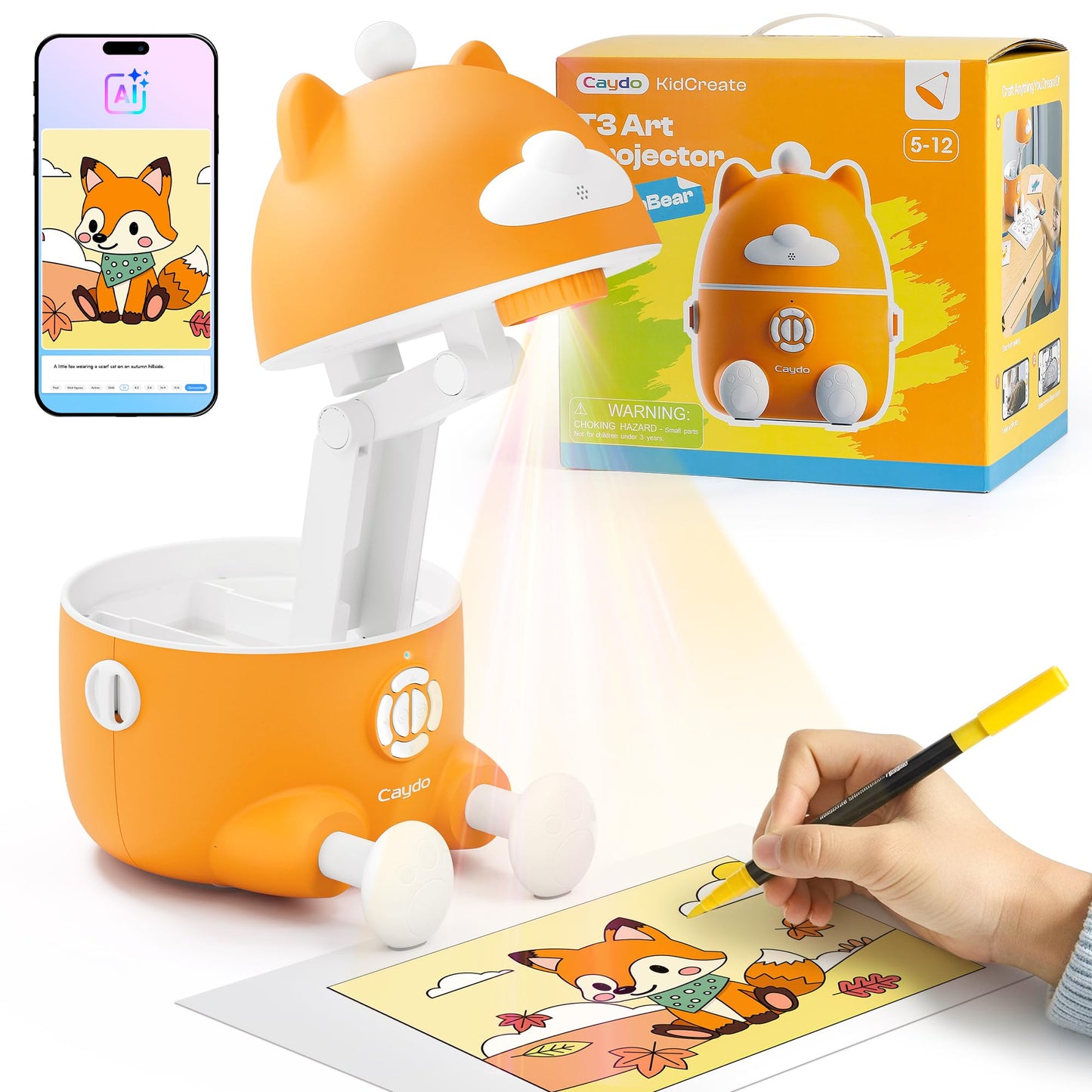 Caydo 3-in-1 AI Drawing Projector for Kids, SGS Certified Eye Protection, T3 Kids Art Projector from Basics Tracing to Step-by-Step Drawing and AI Creative Studio, Birthday Gift for Kids Ages 5-12