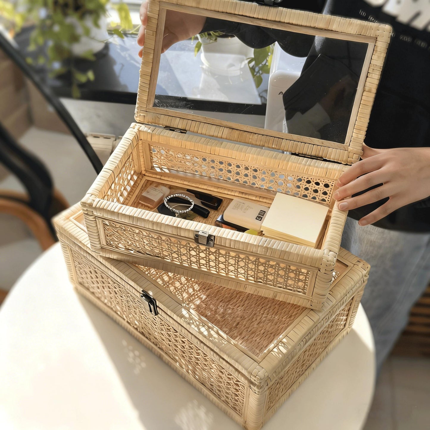 OSMall Decorative Box,Rattan Display Boxes with Lids,Set of 3-Rectangular Decorative Storage Box Set,Natural Woven Storage Bins for Home Decor