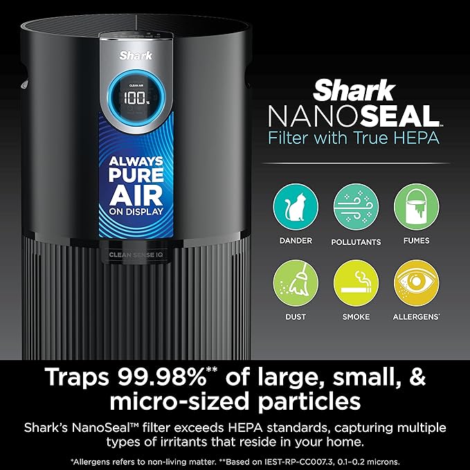 Shark AP1000 Clean Sense Air Purifier MAX, Allergies, HEPA Filter, 1100 Sq Ft, XL Room, Living Room, Whole Home, Captures 99.98% of Particles, Pollutants, Dust, Smoke, Allergens & Smells, Grey
