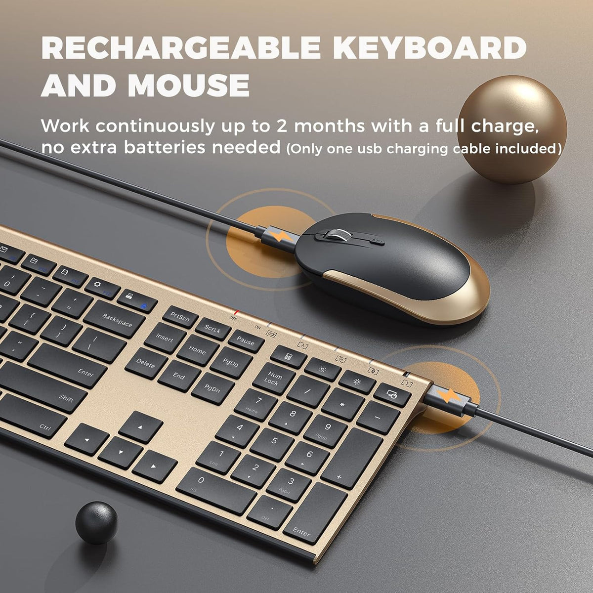 Wireless Keyboard and Mouse, Vssoplor 2.4GHz Rechargeable Compact Quiet Full-Size Keyboard and Mouse Combo with Nano USB Receiver for Windows, Laptop, PC, Notebook-Black Gold