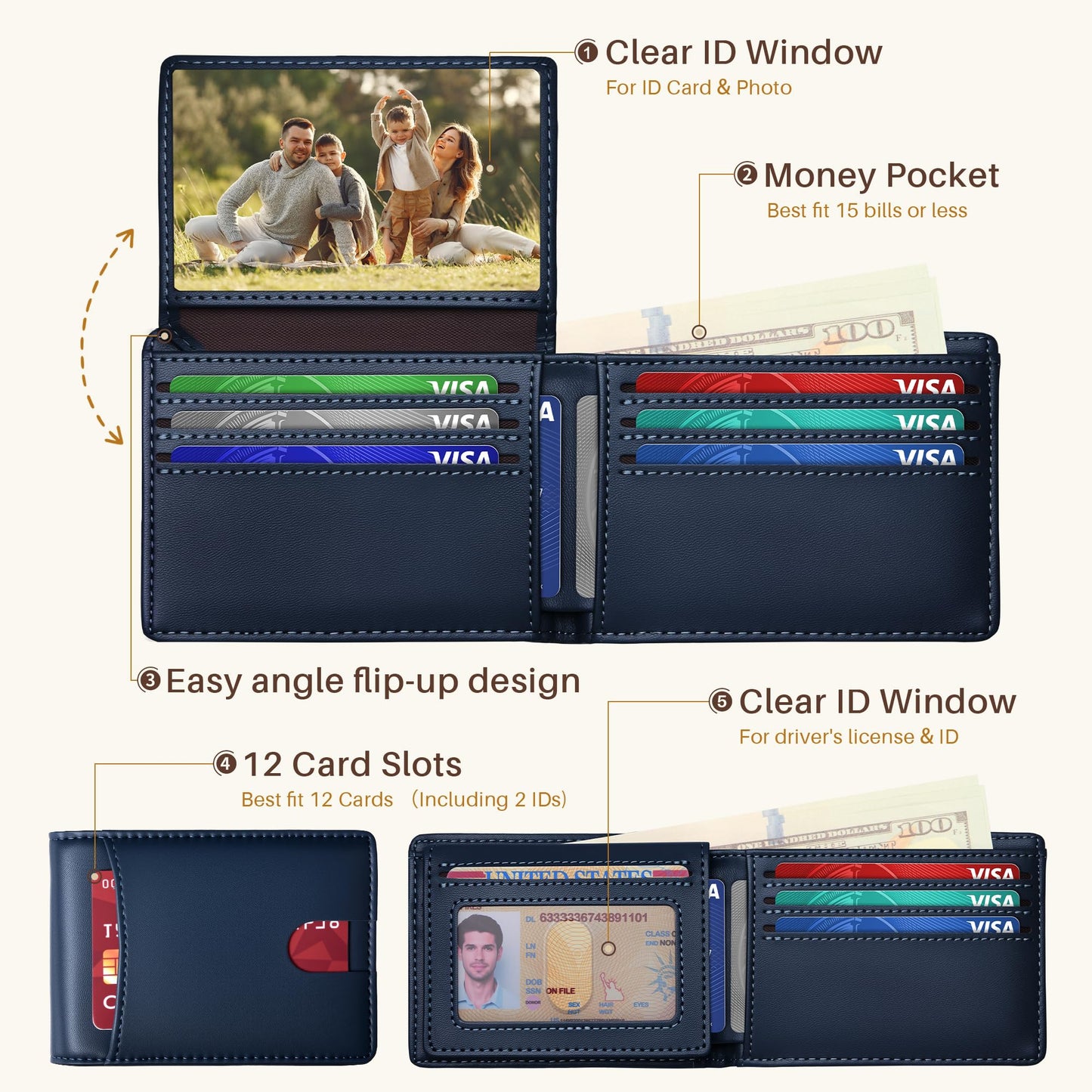 Tipmile Wallet for Men Slim RFID Blocking Credit Card Holder, Minimalist Men Wallets 12 Cards with 2 ID Windows & Cash Slot, Bifold Front Pocket Wallet Gifts for Men