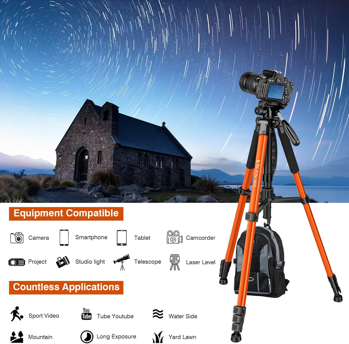 Tripod for Camera, 72" Tall Camera Tripod & Monopod with Remote, Professional Heavy Duty Compact Camera Stand for Phone, DSLR, Spotting Scope, Telescope, Binocular