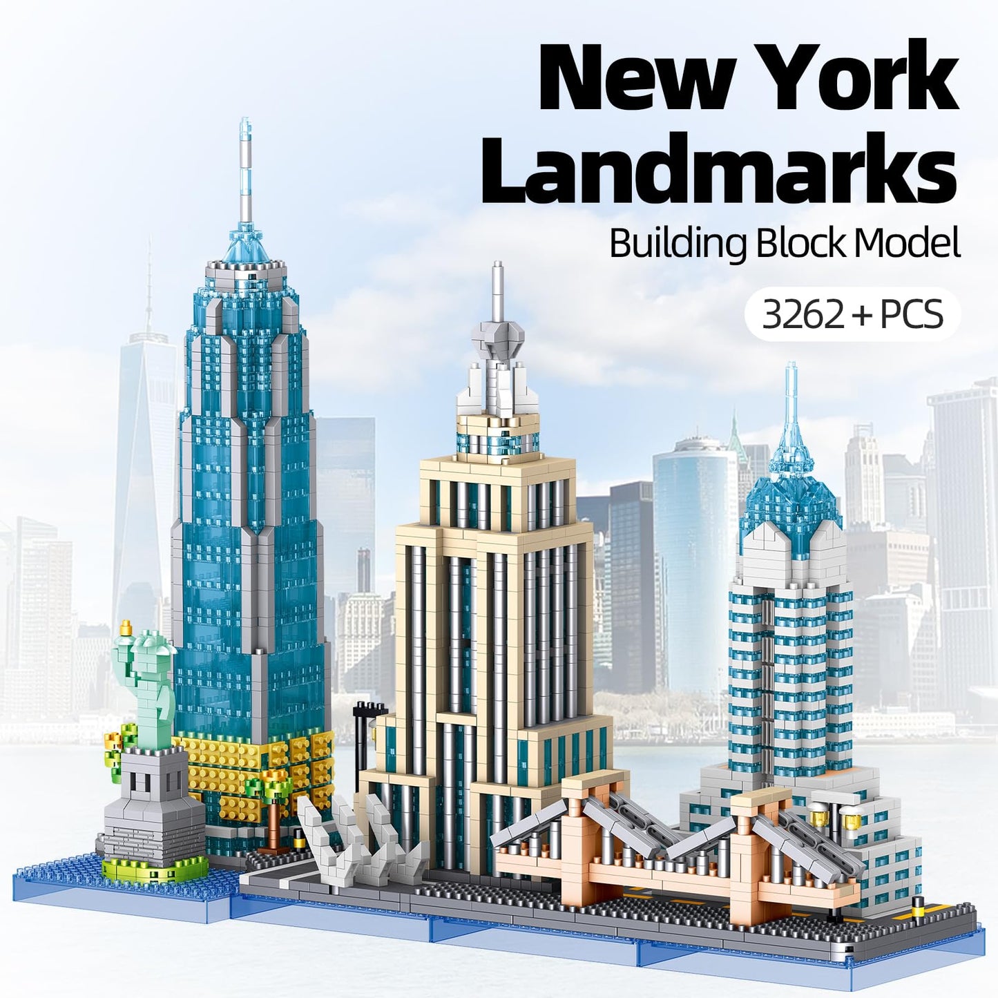 APENGBAOL New York Skyline Micro Mini Blocks Building Set, The Statue of Liberty,Empire State Architecture Building, Brooklyn Bridge, Gift for Kids and Adults (3262 Pieces)