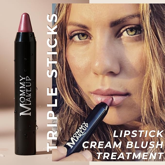 Mommy Makeup Triple Sticks Lipstick, Cream Blush & Teatment All-In-One with Shea & Cocoa Butter - Soft & Creamy Moisturizing Lip Crayon For Lips & Cheeks (Tess)