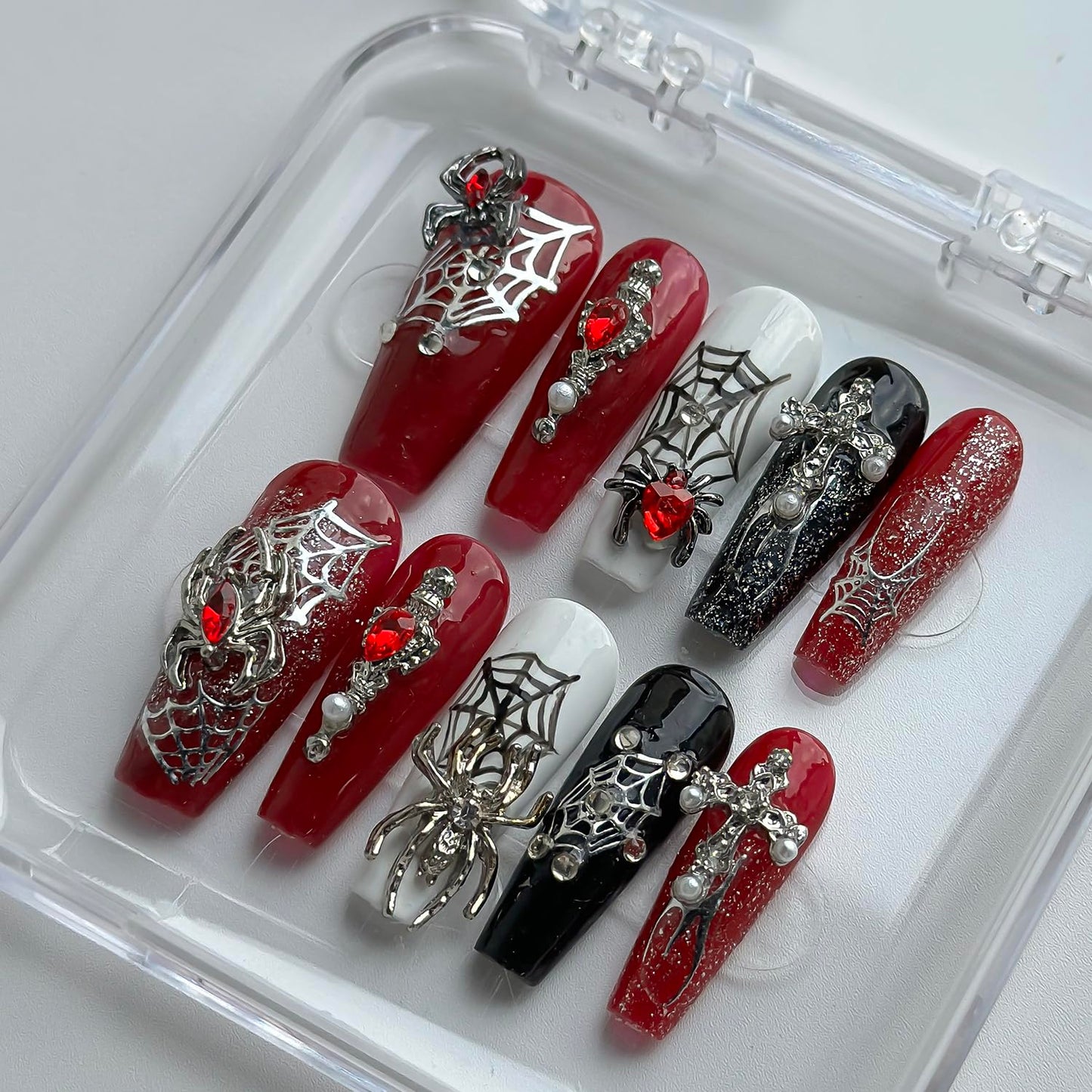 Luxury Halloween Press on Nails Medium Coffin Handmade 3D Unique Reusable ABS Material Fake Nails Gothic False Nails with Designs Spider Charms Spider Web Glossy Glue on Nail Thick Acrylic Nail(M)