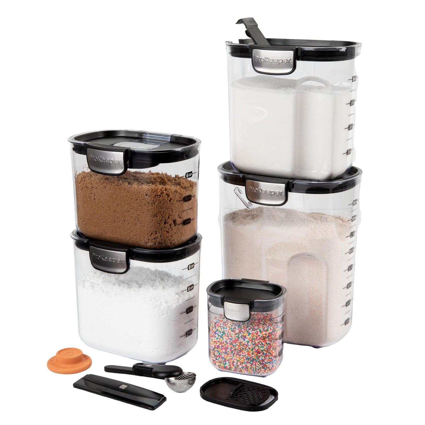 ProKeeper+ Airtight Food Storage Container Set – Clear Plastic Flour and Sugar Canister Set with Magnetic Accessories for Kitchen Organization (Black, 9-Piece)