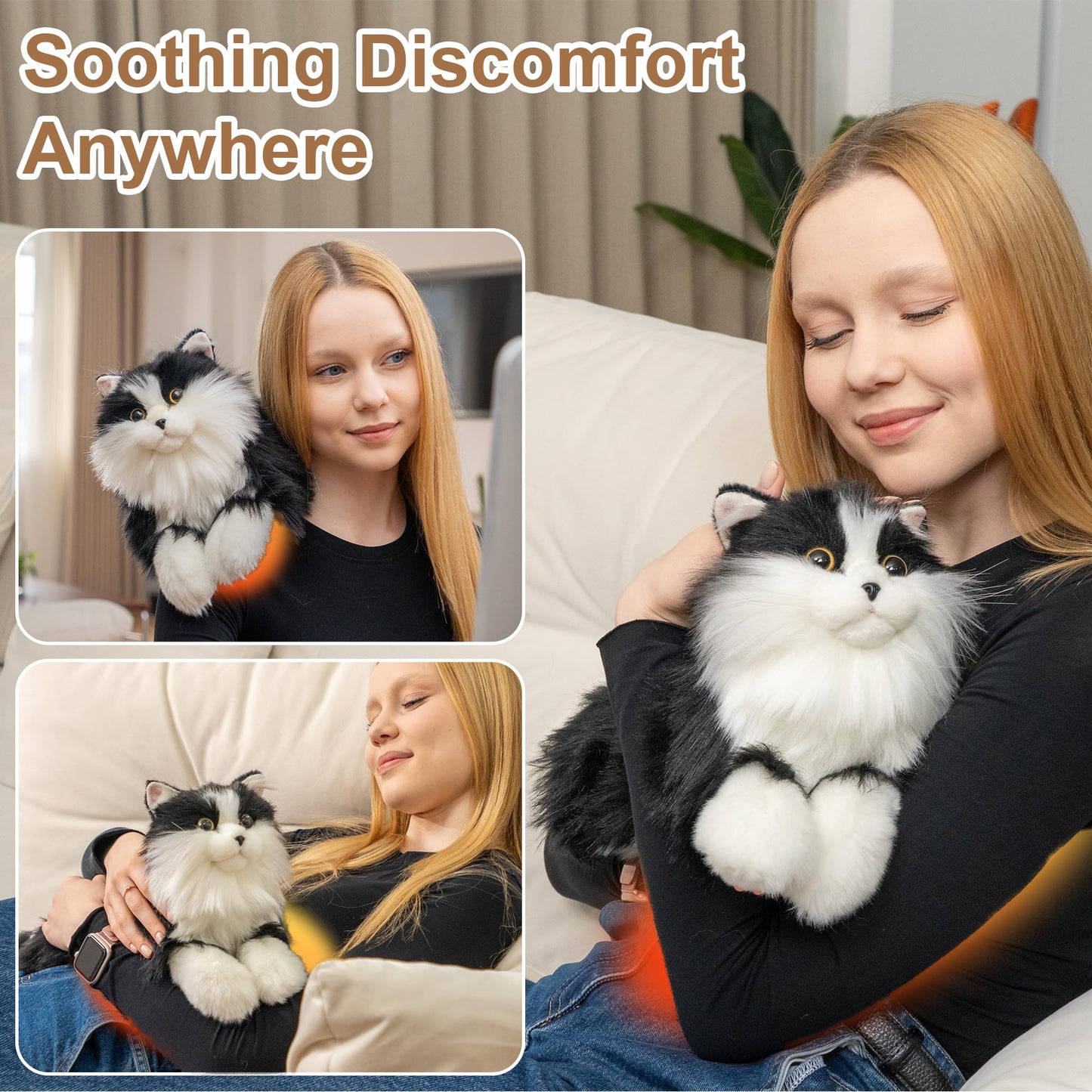 Chongker Microwavable & Weighted Stuffed Animals, 2 lbs Heated Stuffed Animal Cat Plushie with Removable Unscented Heating Pad for Belly Neck Shoulders, Plush Toys for Adults Children (White+Black)