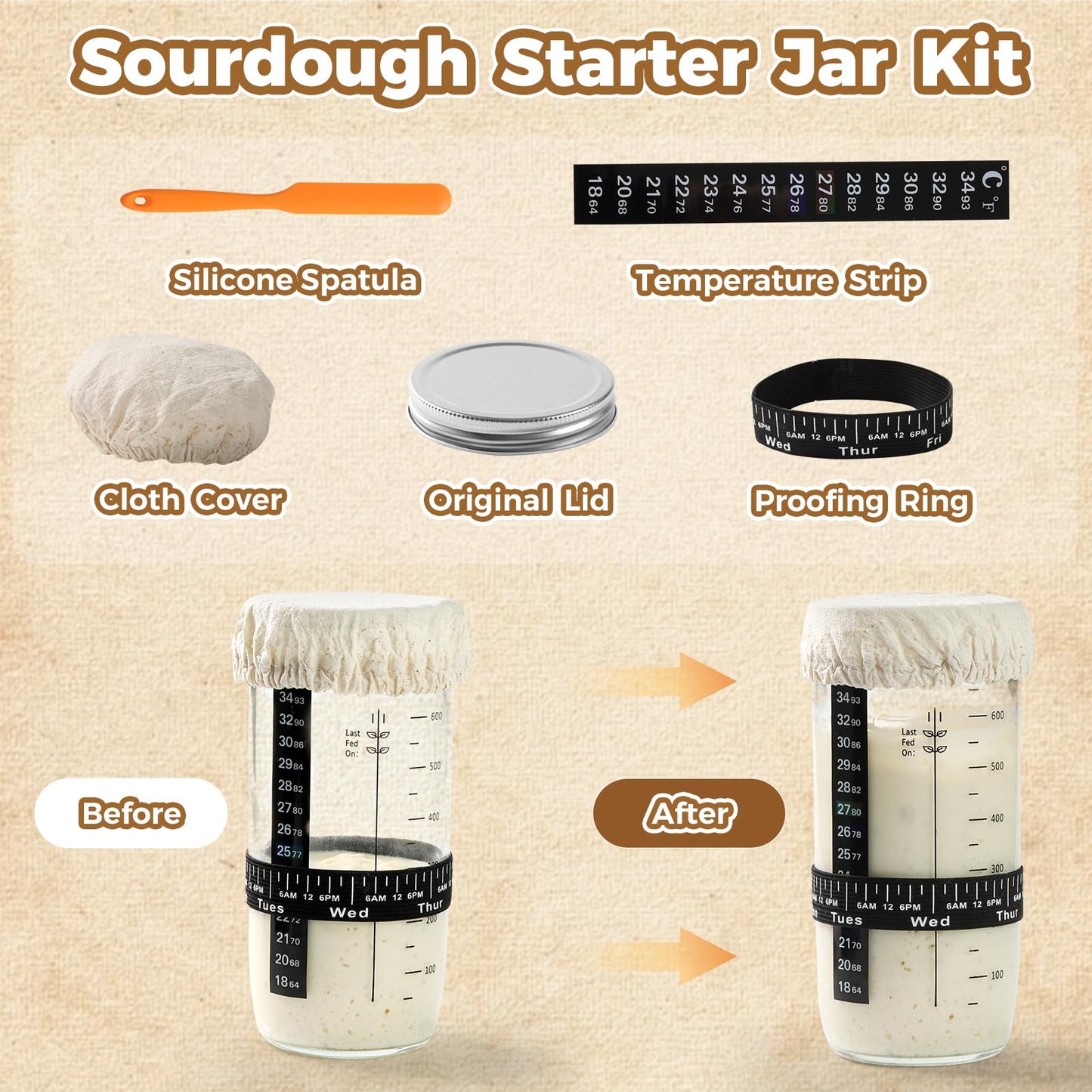 Complete Bread Proofing Basket Kit | All-in-One Set with Banneton(9 in), Sourdough Starter Jar Kit, Bread Lame, Dough Scraper, Whisk, Cutter & Tools