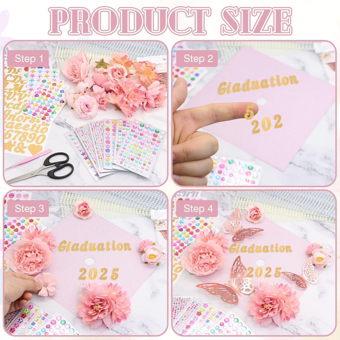 ZYNERY Graduation Cap Decorations Kit Grad Cap Topper Decor Includes Glitter Paper 3D Butterfly Faux Flower Letters Stickers, Cap Decorations for DIY Graduation Cap Topper (Pink)