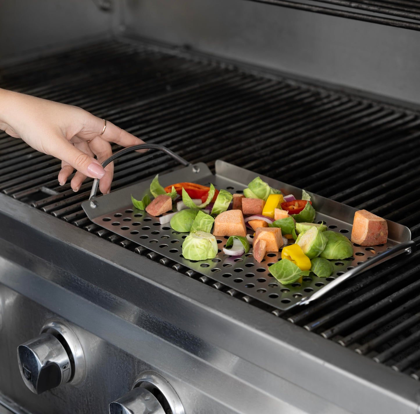 Outset Stainless Steel Grill Topper Grid, Set of 2, 11"x7" and 11"x17" BBQ Basket Trays