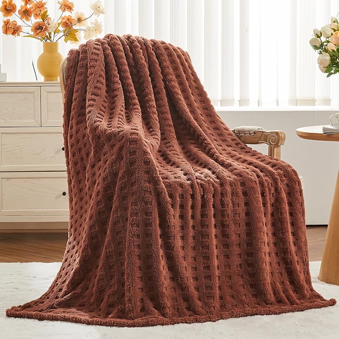 NEWCOSPLAY Super Soft Twin Blanket Coffee Premium Silky Flannel Fleece 3D Waffle Checkered Lightweight Bed Blanket All Season Use (Coffee, Twin(60"x80"))