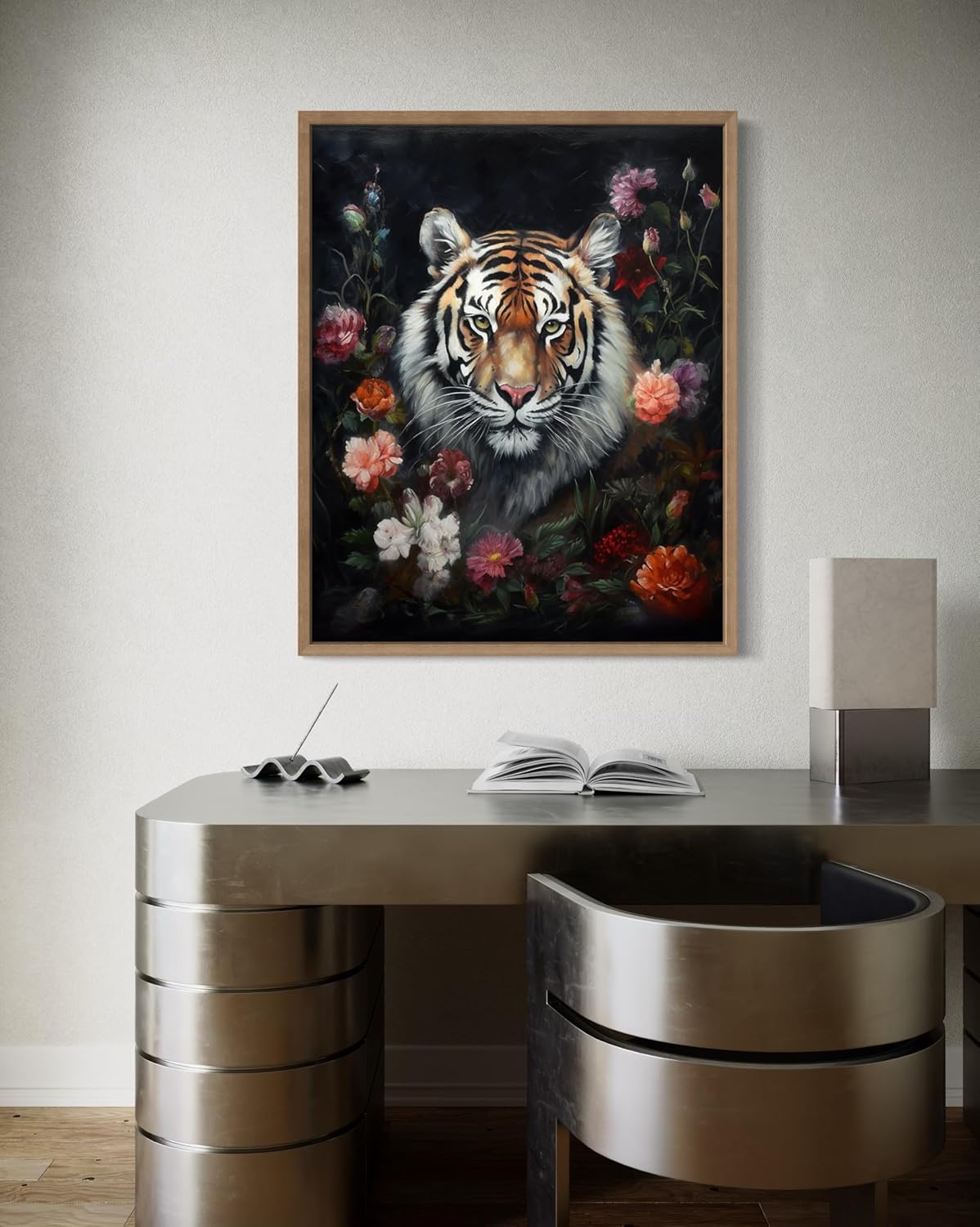 Tiger and Flower Poster Art Print, Halloween Scary Vintage Wall Art Academia Spooky Painting Decoration for Horror Prints, Gothic Posters Bedroom Decor 89 (Tiger and Flower, 8 x 10 inches, Wood Frame)