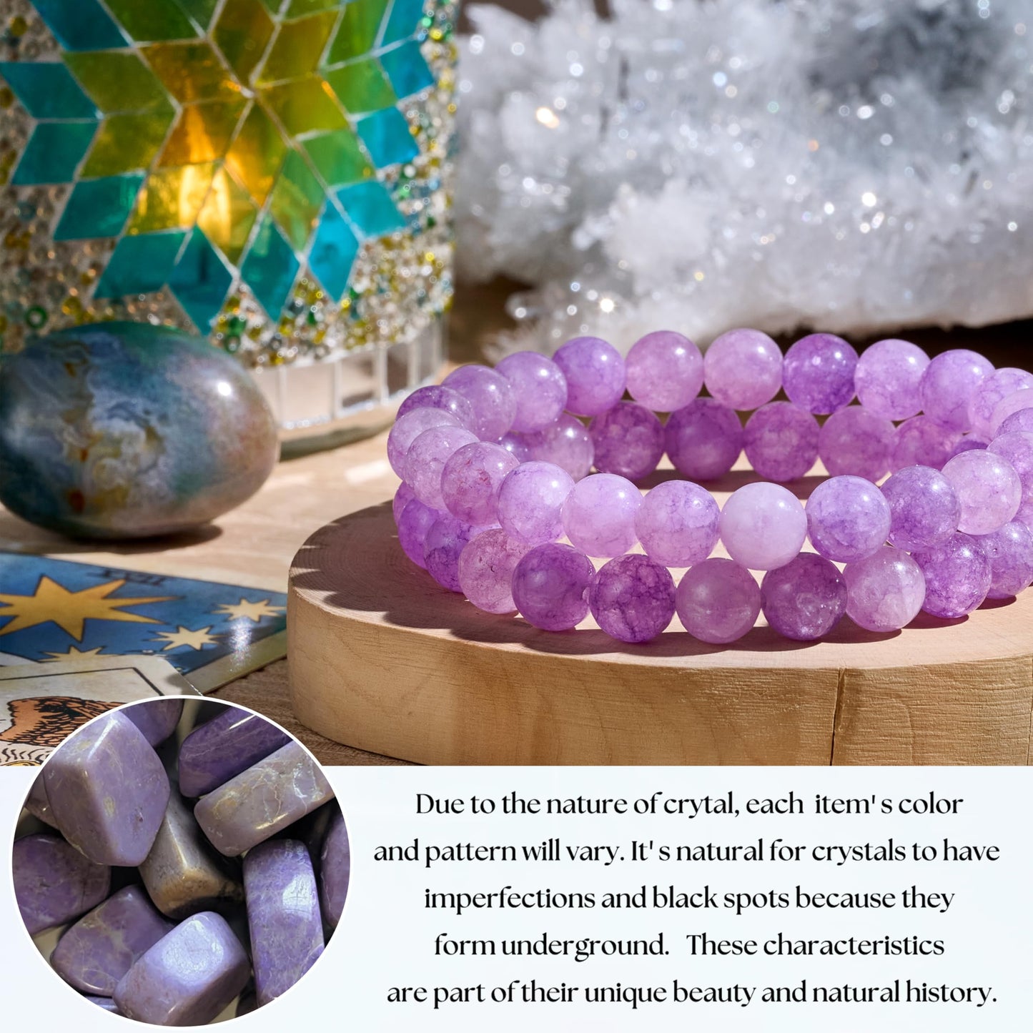 Bivei Natural Gemstone Semi Precious Healing Crystals Handmade Stretchy Round Beads Bracelet, Enhance Positive Energy,Stocking Stuffers for Women(Purple Jade (Harmony & Wisdom)(Large))
