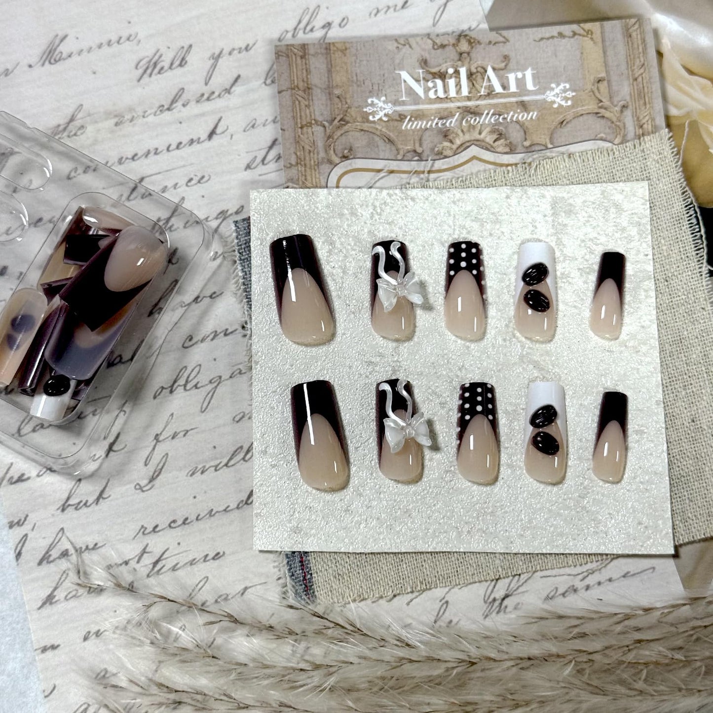 IMRAIN Square Press on Nails Long Fake Nails Brown French Tip False Nails with Polka Dot, Bow, Coffee Bean Design Reusable Artificial Handmade Stick on Nails for Women Manicure