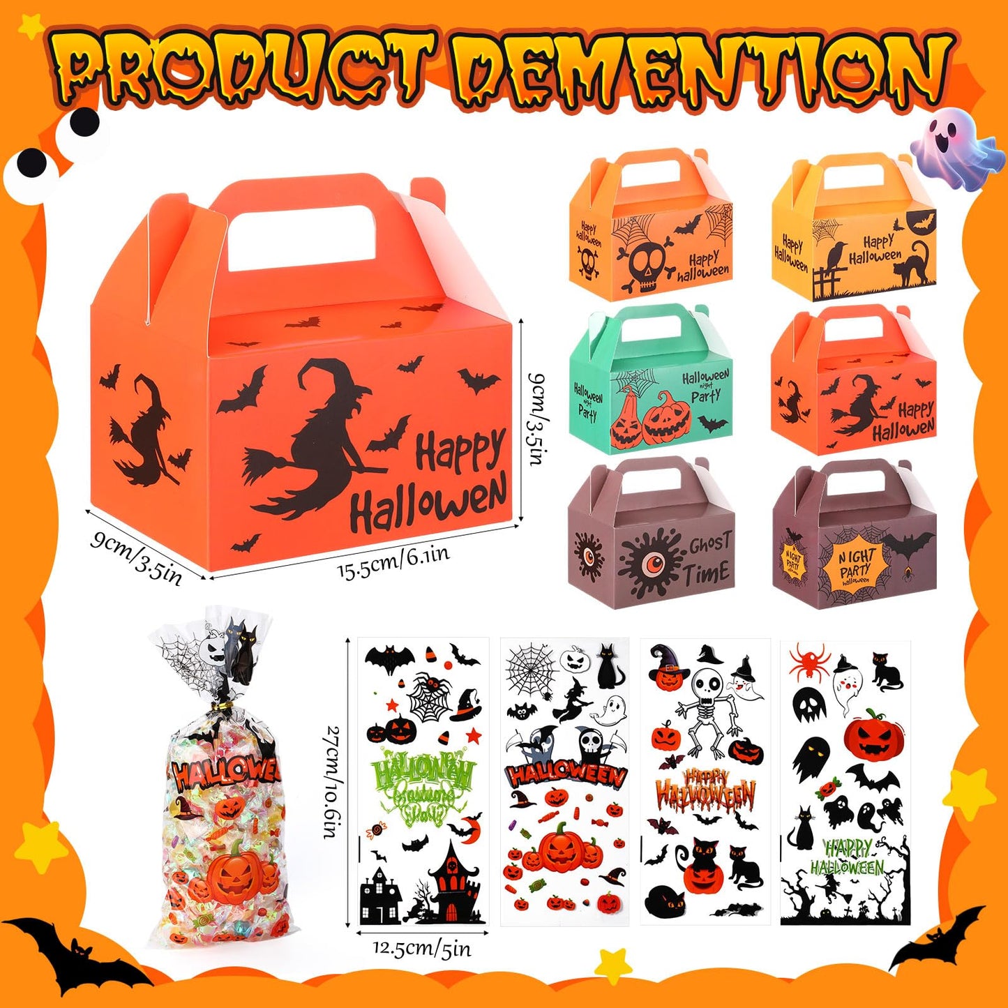 ReliThick 80 Pack Halloween Treat Box with Cellophane Bags Trick or Treat Goodie Cookie Candy Boxes for Treats Pumpkin Halloween Bag for Party