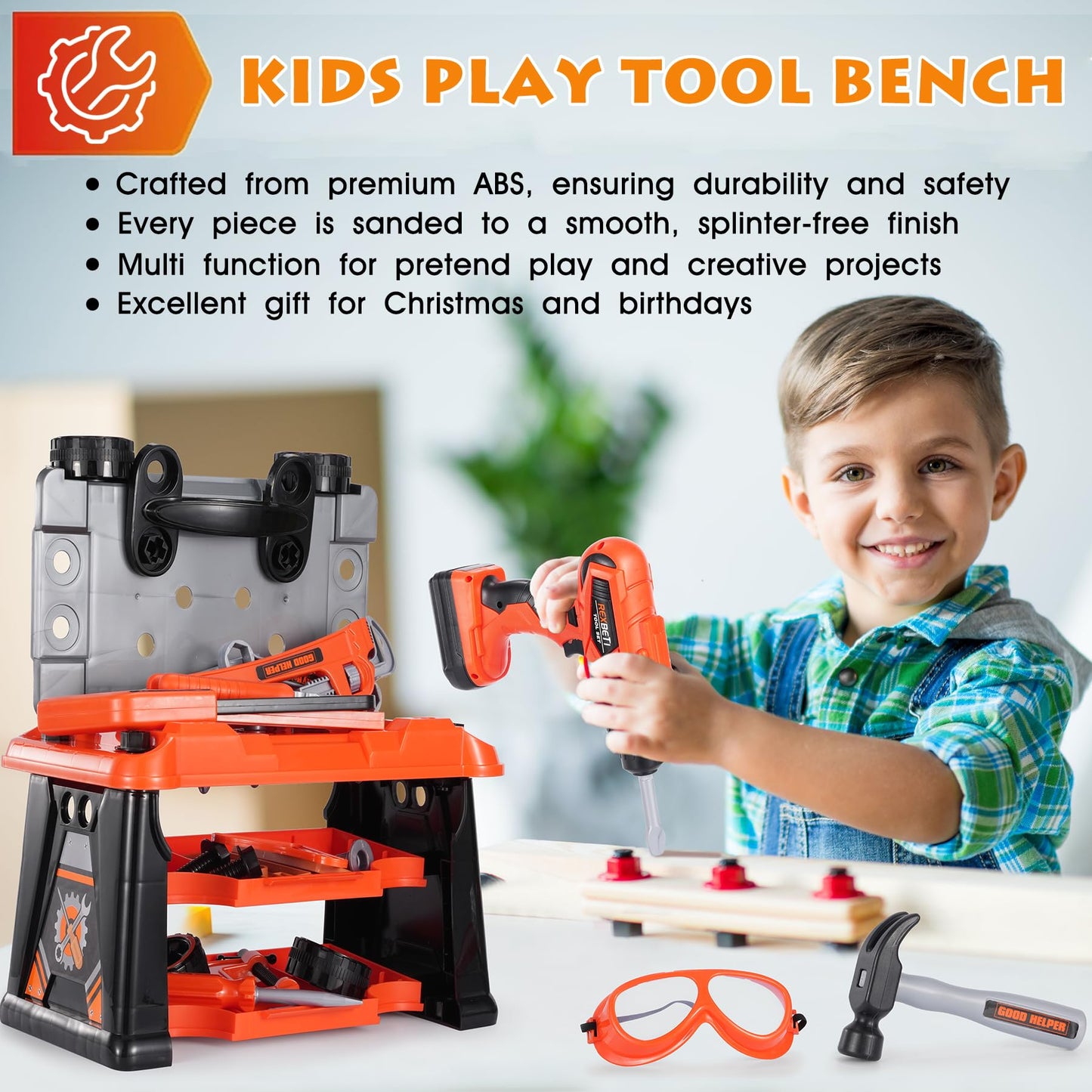 REXBETI Kids Tool Set with Box and Electronic Toy Drill, Pretend Play Kids Workbench Construction Kits, Toddler Tool Set, Birthday Gifts for Ages 3-8 Years Old