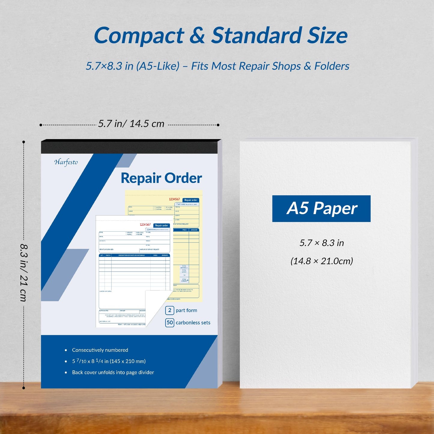 Harfesto Repair Order Book, 2 Part Carbonless Job Work Order Forms - White/Yellow, 5-7/10 x 8-1/4 Inches, Invoice Receipt Book for Small Business, Consecutively Numbered, 100 Sets (2 Packs)
