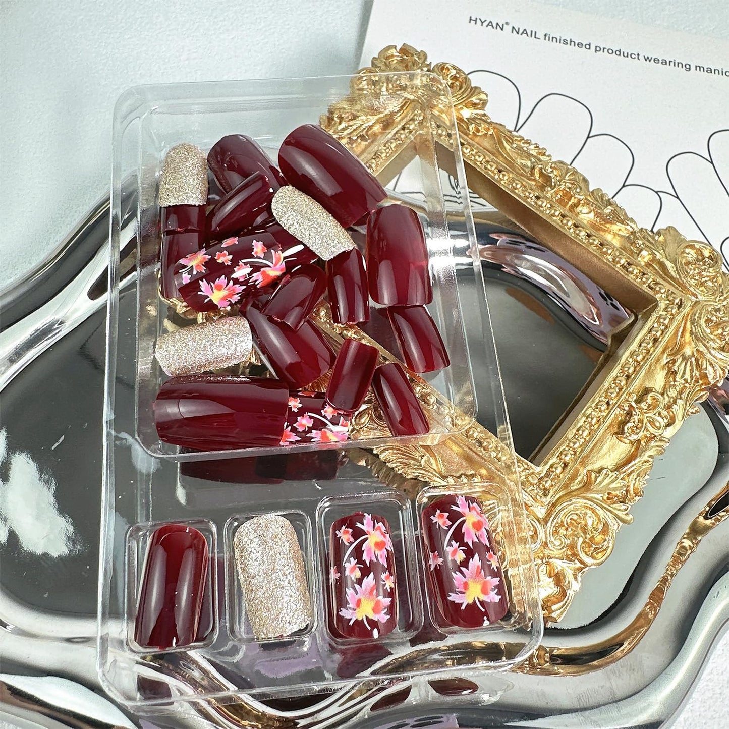 24pcs Fall Press on Nails Short Square Thanksgiving Day Fake Nails with Glitter Design Maple Leaf False Nails Kit Wine Red Glue on Nails Autumn Maple Leaves Acrylic Full Cover Stick on Nails for Women