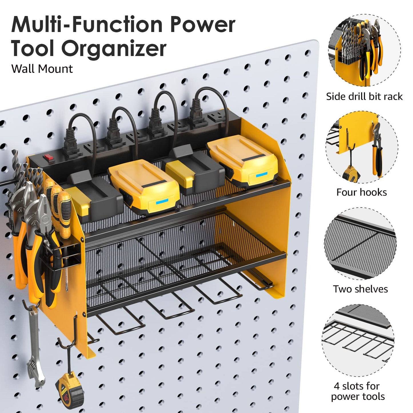 CCCEI Modular Power Tool Organizer Wall Mount with Charging Station. Garage Drill Storage Shelf with Hooks, Heavy Duty Rack, Tool Battery Holder Built in 8 Outlet. Gift for Men. Yellow, 1 Pack.
