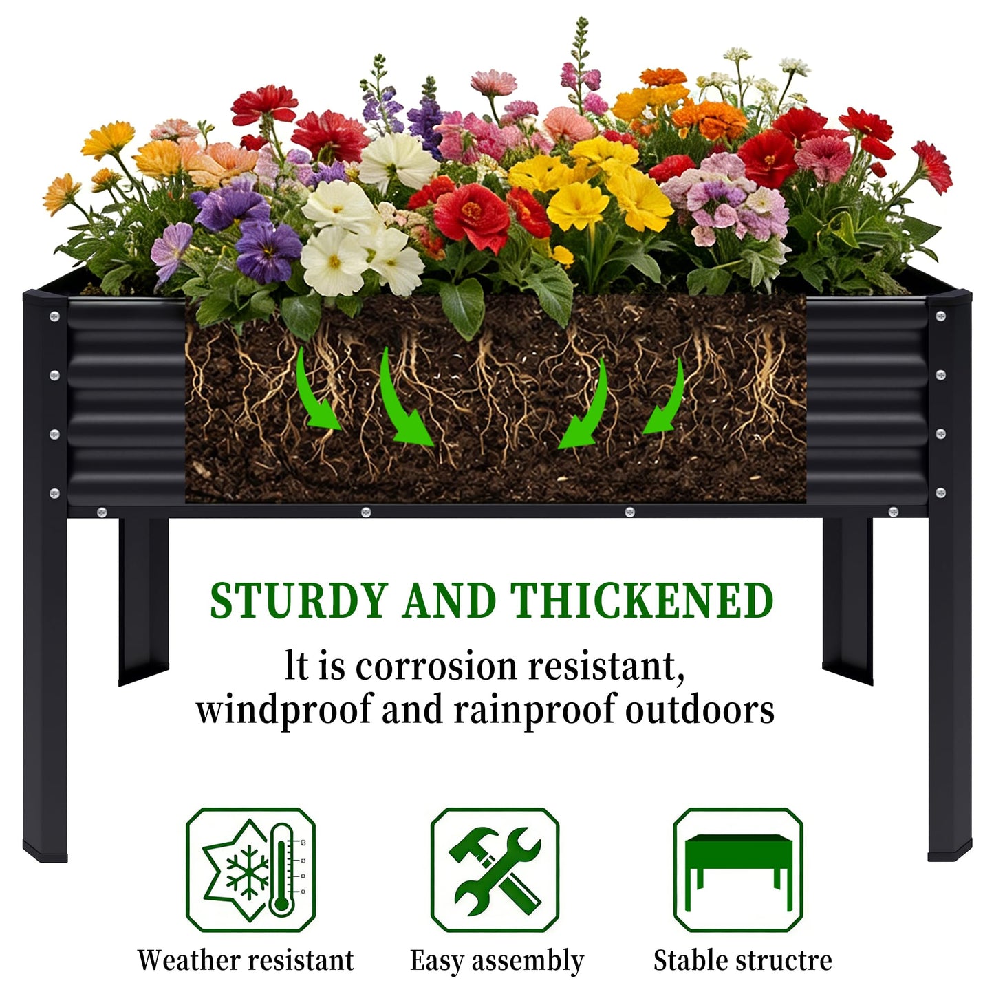 Chuangshuo Guard Galvanized Raised Garden Bed with Legs, 48×24×32in Large Metal Elevated Raised Planter Box with Drainage Holes for Backyard, Patio, Balcony, 400lb Capacity,Black