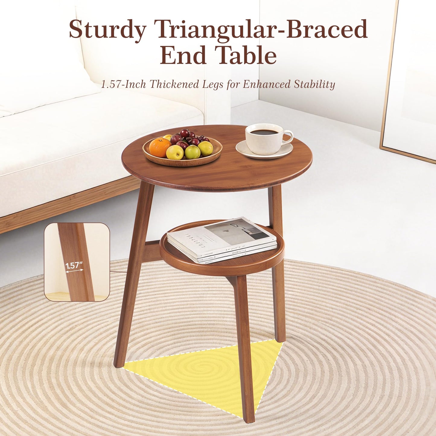VELOHEIM Bamboo Round Side Table, 2-Tier Small Space End Table with Storage Shelf, Mid-Century Modern Rustic Style Narrow Table for Living Room Bedroom Sofa Side