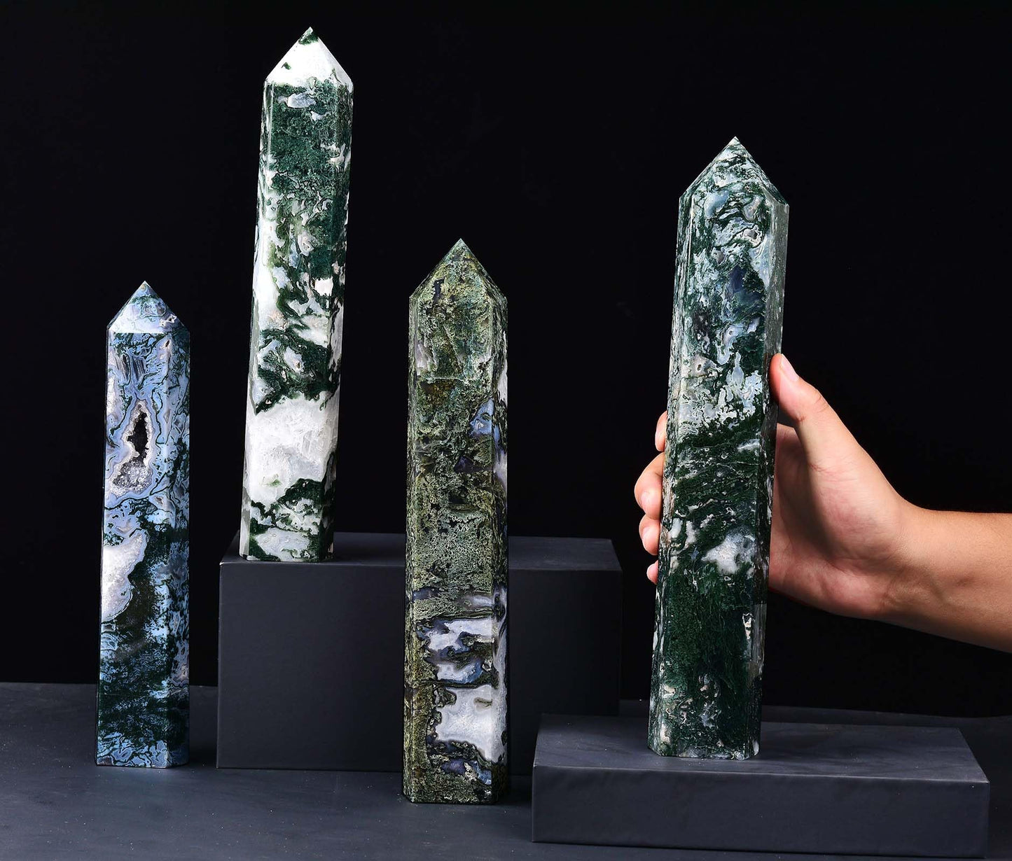 AMOYSTONE Extra Large Healing Crystal Obelisk Towers Moss Agate Point Wand Home Decor Reiki Healing 2.2-2.6LBS