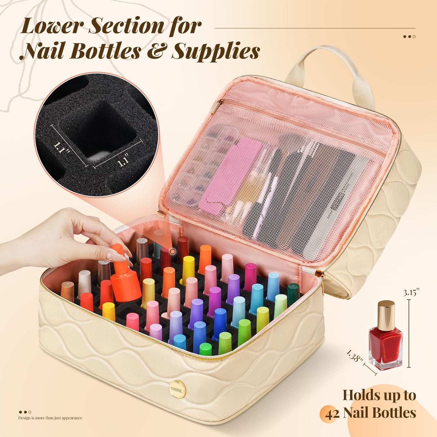 YOREPEK Nail Polish Organizer Case Holds 42+ Bottles (15ml/0.5 fl.oz), 2-Layer Nail Kit Bag with Compartments for Nail Supplies, UV Lamp, Nail Tech Organizers and Storage for Manicure Tools, Beige