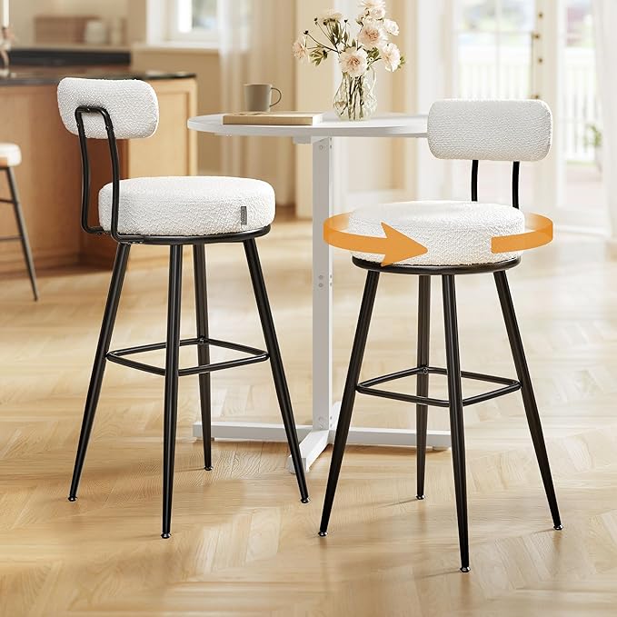 VASAGLE 360° Swivel Bar Stools Set of 2, Bar Height Bar Stools with Back, Boucle Fabric, Contemporary Modern, 30.1 Inch Tall, Kitchen and Home Bar, Cloud White ULBC131W01V1