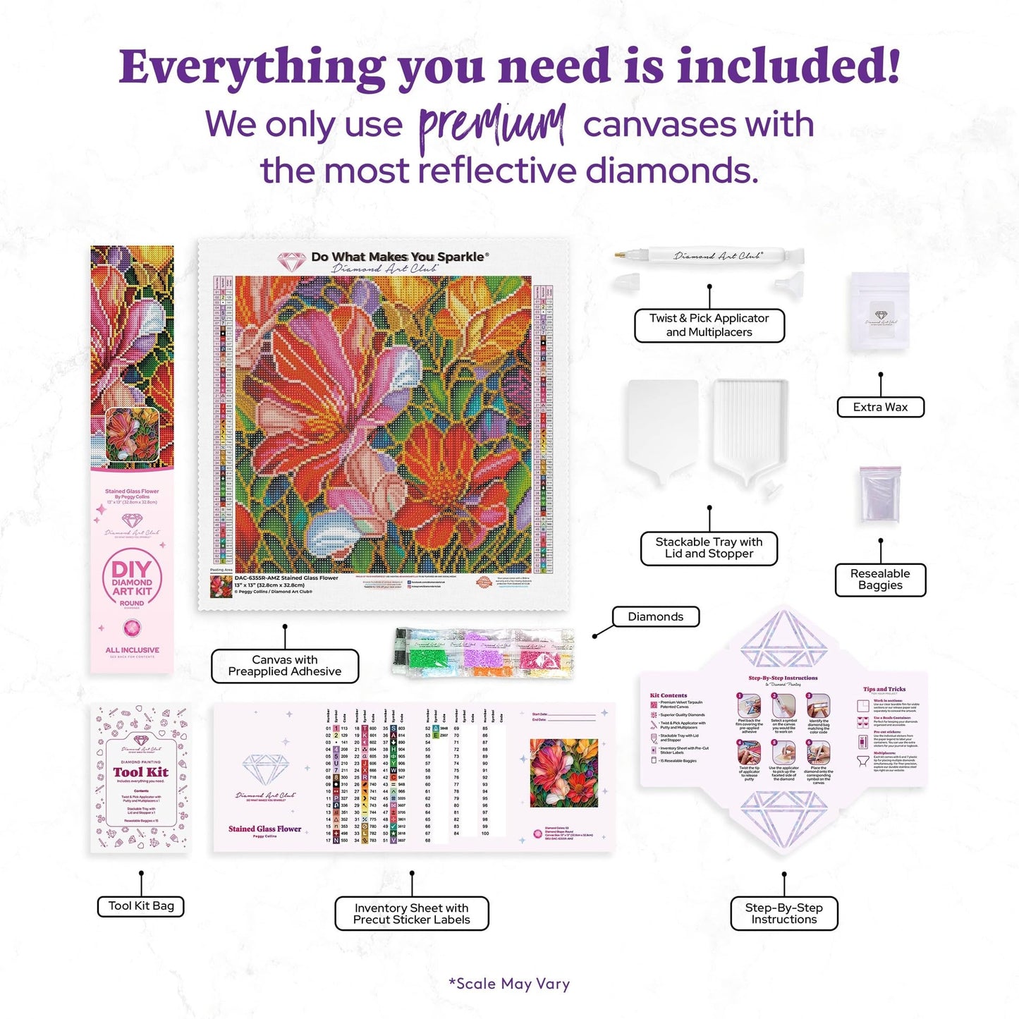 DIAMOND ART CLUB Stained Glass Flower Diamond Painting Kit, Fun DIY Crafts for Adults, Round Diamond Art Canvas, 13" x 13" (32.8 cm x 32.8 cm)