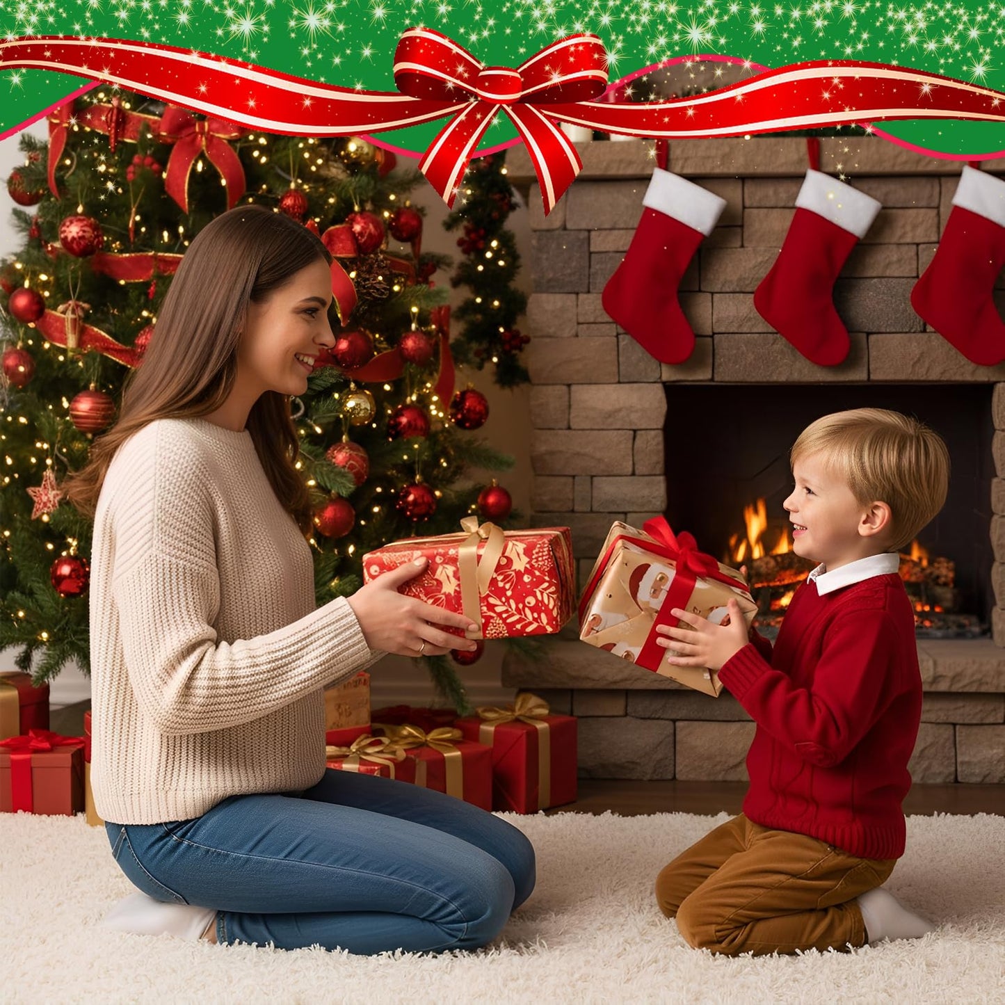 Christmas Kraft Wrapping Paper (4 Rolls, 93 sq. ft. ttl) Santa Claus, Snowflakes, Merry Christmas Script, Pinecones and Foliage Patterns for Holiday Gift Wrap - 17 Inches x 16.5 Feet Per Roll