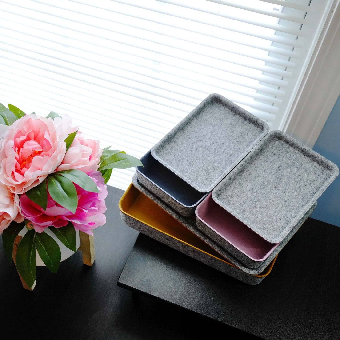 Welaxy Lidded Felt Drawer Organizer Bin with lids Desktop Stackable Organizer Storage box for crafts office supplies pen notes Junk Makeup Stationery Organize 3-Pack ( Curry+Dusty rose +Glacier gray)