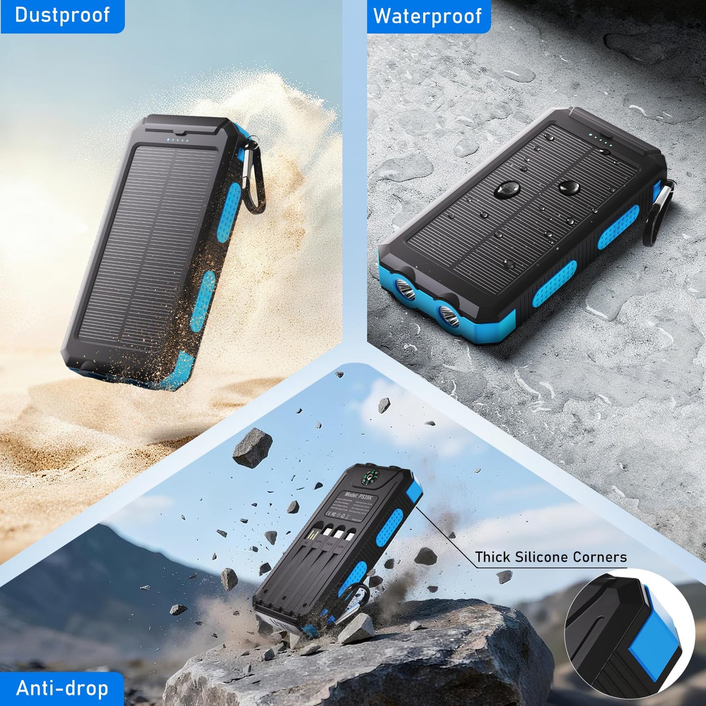 Durecopow Solar Charger Power Bank 20,000mAh, Portable Charger, 4 Cables 3 Ports Fast Charging External Battery Pack with USB C for Cell Phones, Solar Panel Charger with Dual Flashlight for Camping