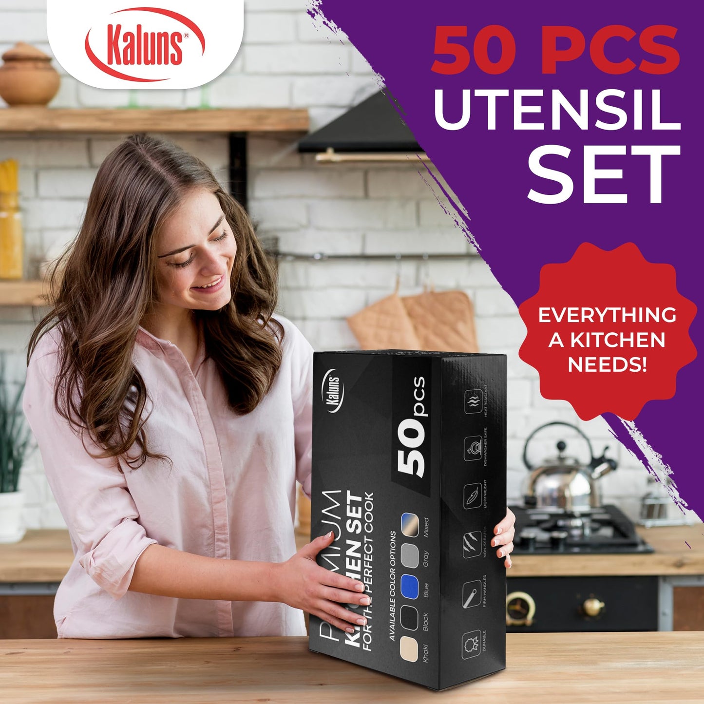 Kaluns 50 PCS Silicone Kitchen Utensils Set Complete Kitchen Set - 800°F Heat Resistant Non-Stick Premium Cooking Utensils W Wooden Handles - Can Opener, Masher, Turner, Silicone Spatula Set
