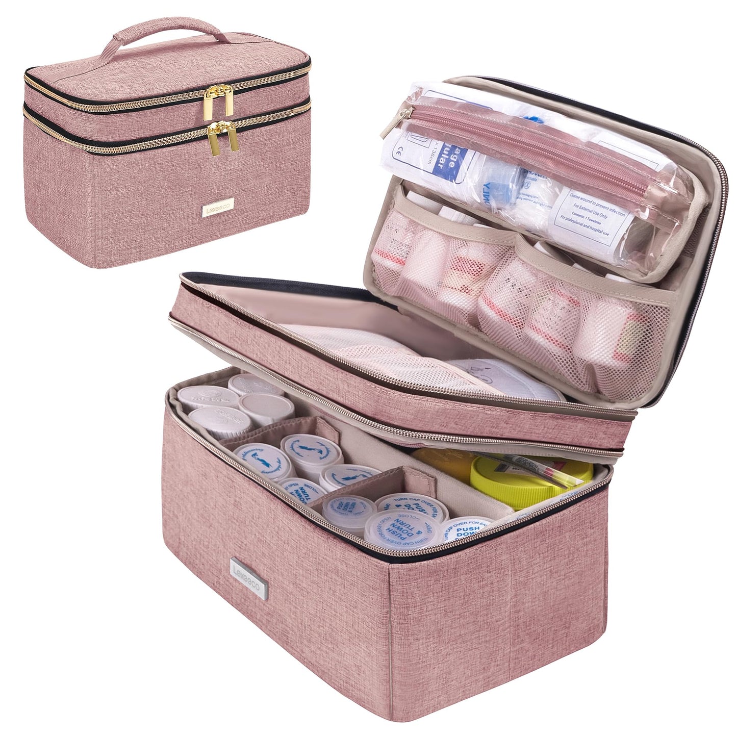 Lexeeco Medicine Storage Bag Pill Bottle Organizer with Portable Small Pouch Travel Medication Bottle Organizer for Emergency Home First Aid Box Kit (Pink)