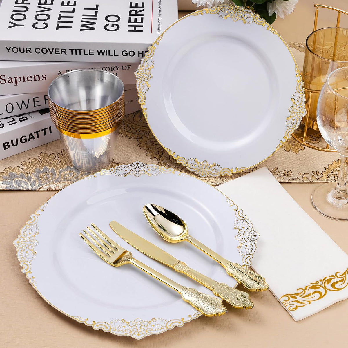 350PCS White and Gold Plastic Plates for 50 Guests, Disposable Dinnerware Set Includes 100 Disposable Plates, 150 Gold Silverware, 50 Cups, 50 Napkins for Party, Wedding