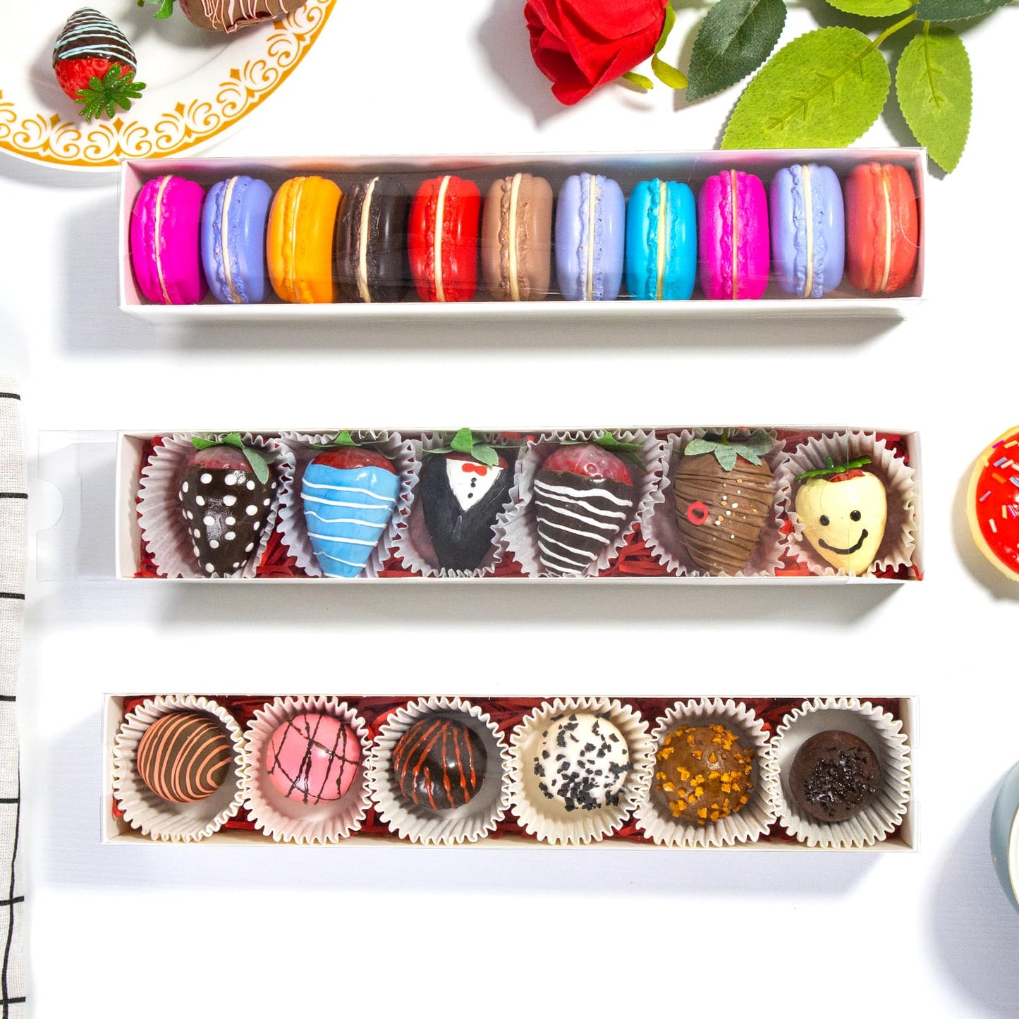24pcs 12x2.2x2 Inch Minimalist Rectangular Bakery Boxes for Chocolate Covered Strawberries ,Macaron, Truffle,Cocoa Bombs ,Cookies,Chocolate Covered Oreos,Mini Cupcakes,Cake Balls &Party Favorite Boxes