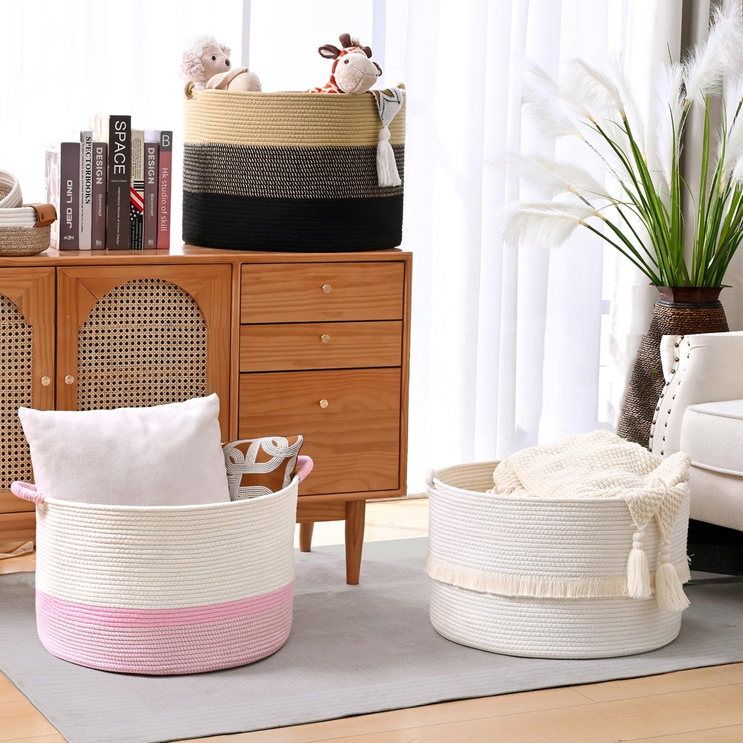 Degeyoyo 67L Large Blanket Basket, 20"x13" Woven Storage Baskets With Handle, Cotton Rope Blanket Basket Living Room, Baby Laundry hamper for Blanket, Nursery, Toy, Pillow (White)